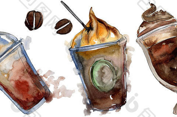热冷咖啡饮料水彩背景插图集孤立的饮料插图元素