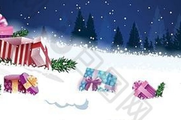 冬天假期水平横幅都在家冬天森林现在盒子雪景观快乐圣诞节装饰概念