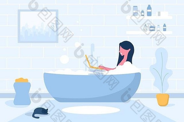 女人自由女孩移动PC说谎浴缸概念插图研究在线教育工作首页沟通看