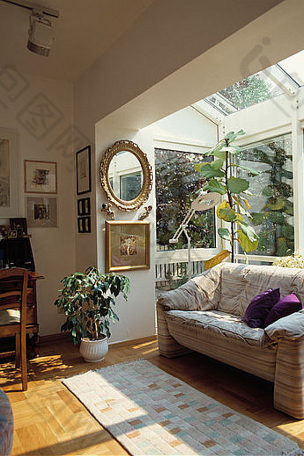 舒服的沙发前面窗口小玻璃扩展传统的厅的