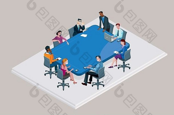 的同事们办公室会议周围的大蓝色的会议表格