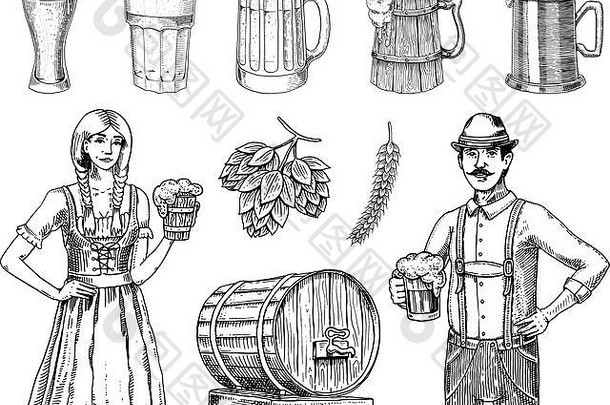 女人男人。传统的比利时巴伐利亚衣服啤酒刻墨水手画草图古董风格网络酒吧菜单设计啤酒节