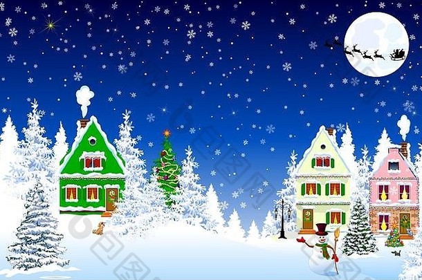 房子村森林树冬天农村景观圣诞节夏娃晚上雪花晚上天空圣诞老人雪橇背景