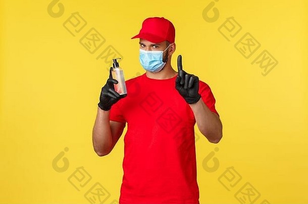 科维德交付订单购物非接触式处理社会距离概念快递医疗面具手套手