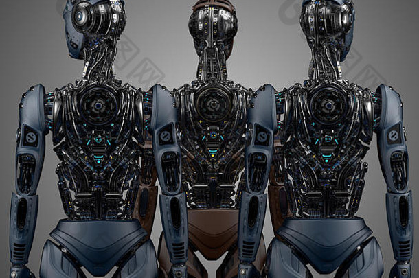 集团机器人详细的未来主义的电子人仿人机器人站回来视图灰色的背景插图