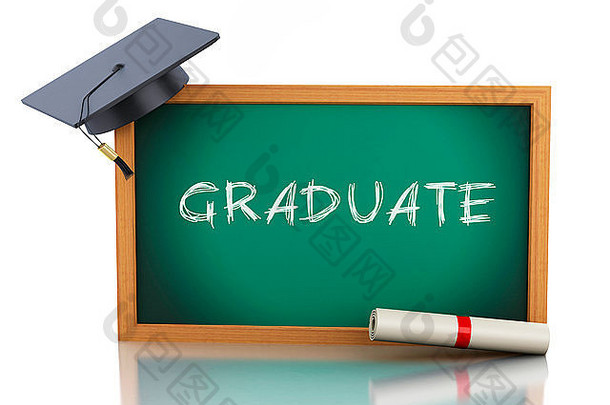黑板上文凭证书毕业帽孤立的白色背景渲染器插图