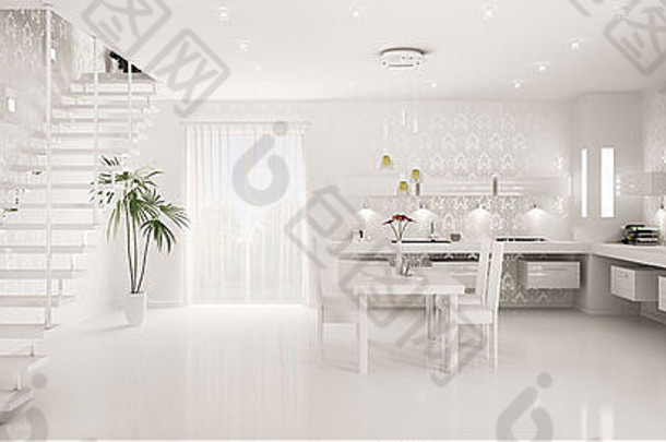 室内设计现代白色厨房全景渲染