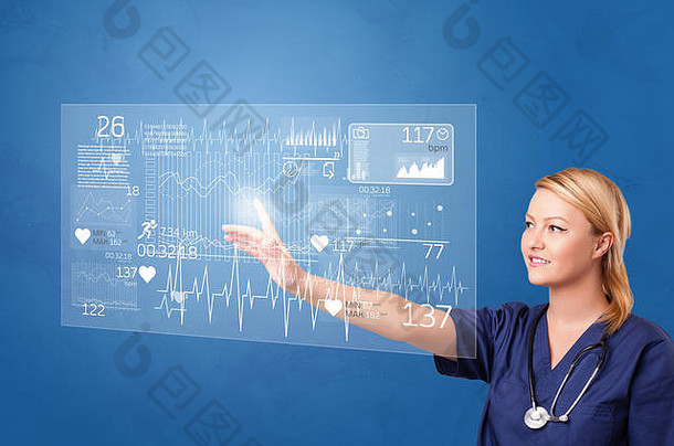 医生触碰全息图屏幕显示医疗保健运行符号