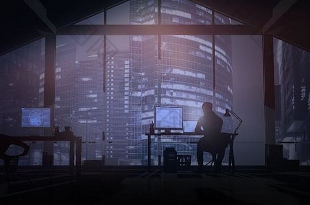 网络程序员背景窗户俯瞰晚上摩天大楼