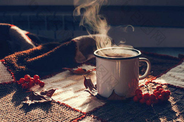 秋天热热气腾腾的杯咖啡茶