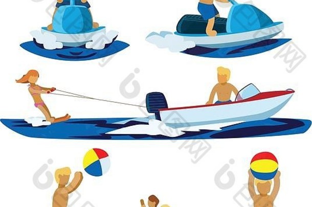数据飞机滑雪水滑雪划船海滩活动男人。玩海滩球孩子们平图形颜色