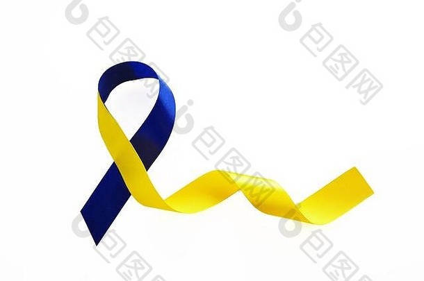 蓝色的黄色的丝带白色背景世界并发症状一天意识丝带