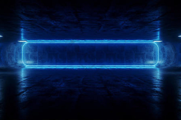 宽空sci背景网络虚拟霓虹灯激光发光的蓝色的矩形框架混凝土难看的东西反光俱乐部阶段呈现插图