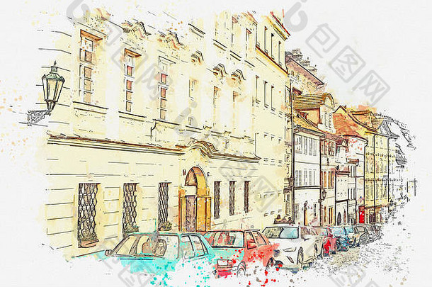 插图水彩草图街传统的房子路停汽车布拉格捷克共和国