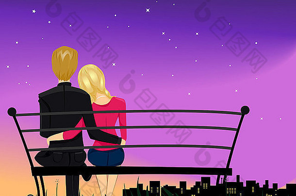 浪漫的视图夫妇盯着晚上天空拥抱