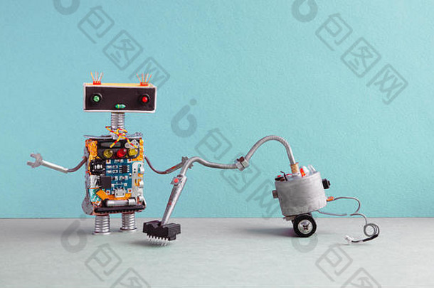 真空更清洁的机机器人垫圈自动化清洁房间服务概念有创意的设计玩具机器人Cyborg绿色灰色的室内