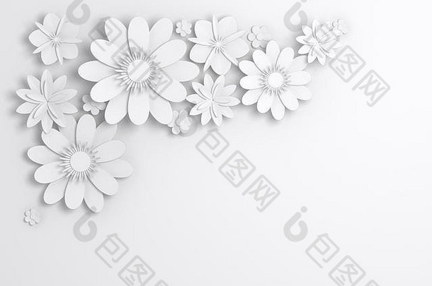 白色纸花装饰新娘问候卡观赏背景数字渲染插图