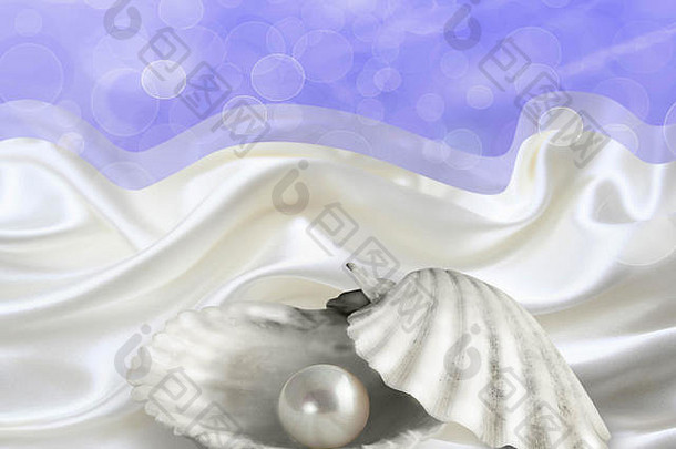 摘要说明背景单珍珠牡蛎壳牌白色缎蓝色的散景天空