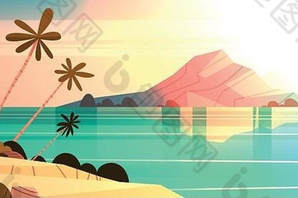 日落热带海滩景观夏天<strong>海边</strong>棕榈树轮廓山
