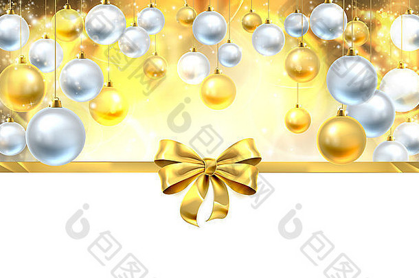 黄金圣诞节装饰物丝带弓装饰摘要背景白色底容易边境设计heade