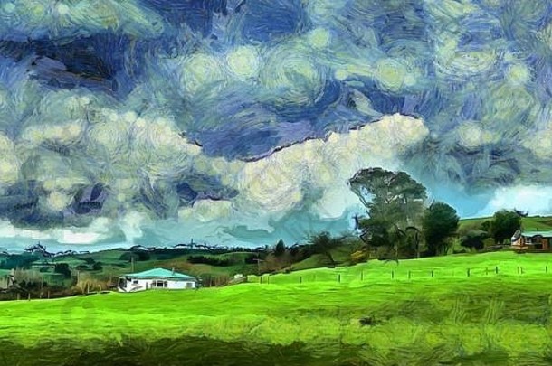 房子草地密集的多云的天空背景