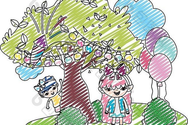 涂鸦女孩孩子们朋友树气球