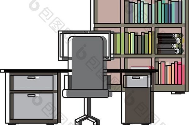 工作空间办公室桌子上扶手椅书架上书