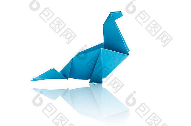 蓝色的折纸恐龙孤立的白色背景