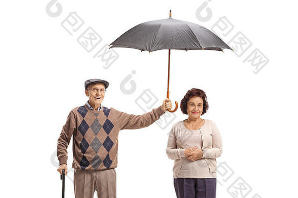 上了年纪的绅士持有伞上了年纪的夫人孤立的白色背景