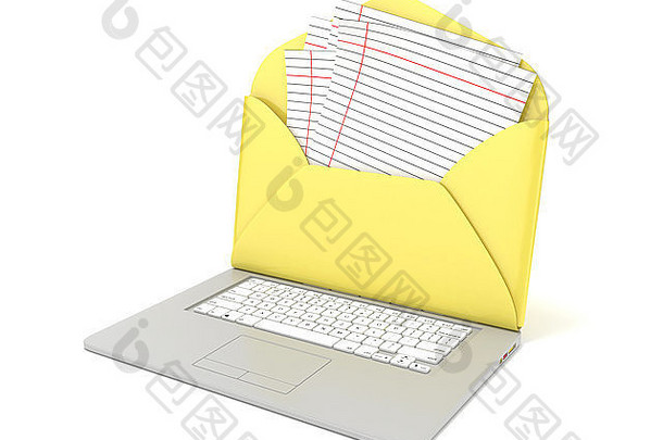 开放信封空白排纸移动PC一边视图渲染插图孤立的白色背景