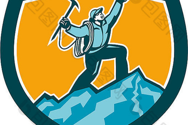 插图山登山者攀爬达到峰会庆祝持有冰斧集内部盾佳洁士形状孤立的背景复古的木刻风格