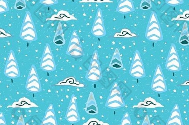 舒适的冬天森林圣诞节模式手画行艺术房子涂鸦云蓝色的冰冷的音调变形背景快乐设计完美的冬天一天圣诞节季节