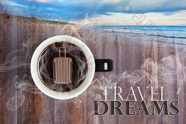 做梦旅行热杯咖啡概念复合图像