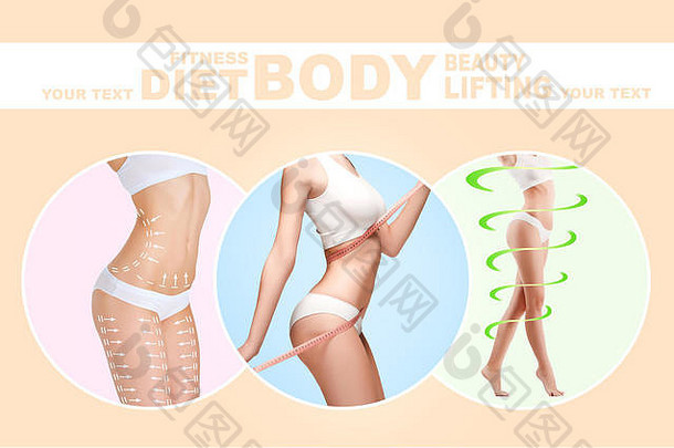 脂肪团删除计划白色标记年轻的女人身体准备塑料手术概念减肥抽脂术海滩提升拼贴画
