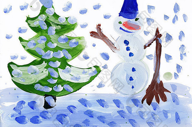 雪人圣诞节树孩子的画