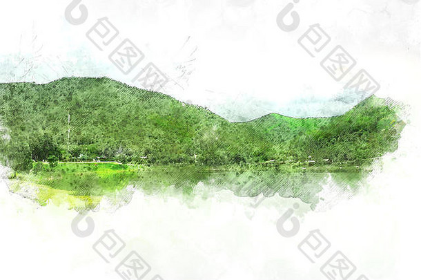 摘要色彩斑斓的山场景观水彩插图绘画背景