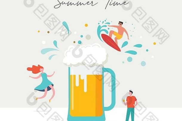 夏天场景集团人家庭朋友有趣的巨大的啤酒冲浪游泳池喝冷饮料玩
