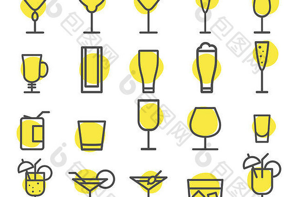 饮料图标集鸡尾酒饮料大纲符号啤酒酒白兰地象征酒精行鸡尾酒pictogram隔离形状聚会，派对元素孤立的图标网站打印