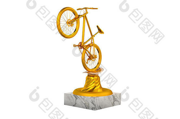 山自行车黄金奖杯大理石基地白色背景