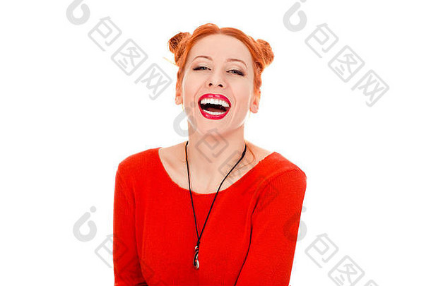 特写镜头肖像美丽的兴奋微笑女人笑相机穿红色的上衣站摆姿势纯白色后台支持