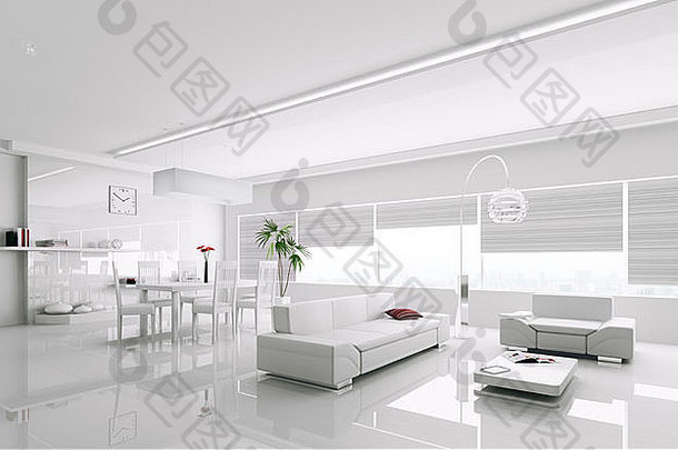 室内现代白色公寓渲染