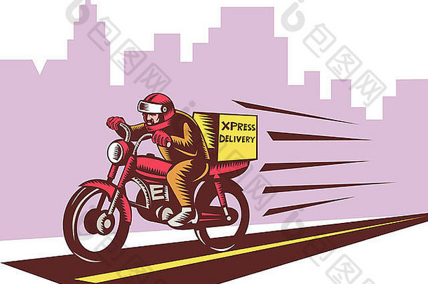 插图快递交付人骑摩托车木刻风格城市城市建筑天际线轮廓