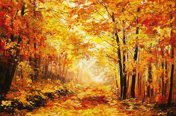 石油绘画景观色彩斑斓的秋天森林
