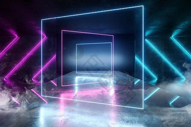 烟虚拟光滑的现代未来主义的sci黑暗难看的东西混凝土房间紫色的<strong>蓝色</strong>的发光的激光霓虹灯管灯空反光阶段