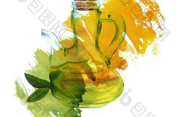 水彩橄榄石油瓶变形染色