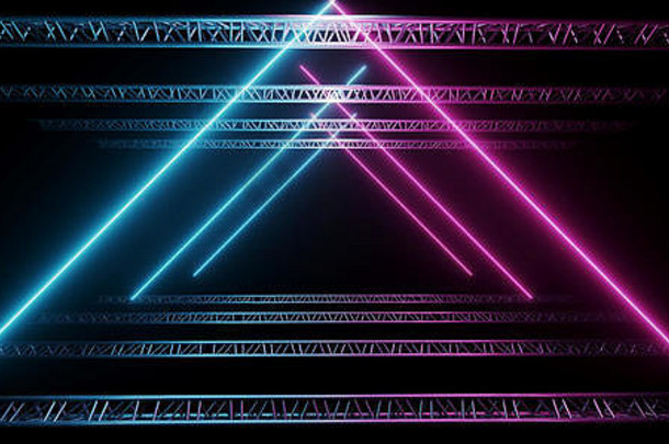 黑暗现代科幻未来主义的霓虹灯发光的蓝色的紫色的三角形形状的灯管俱乐部阶段空空间黑色的背景呈现