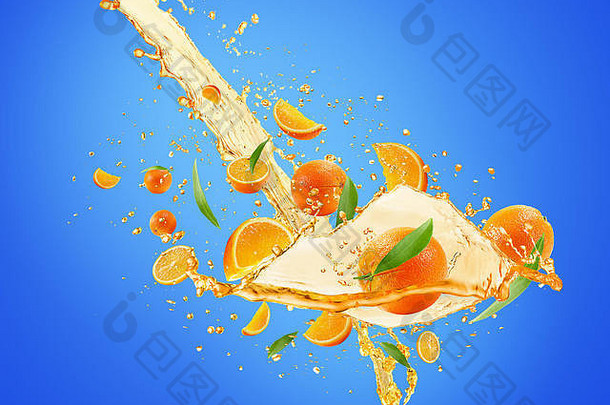 橙色汁飞溅蓝色的背景