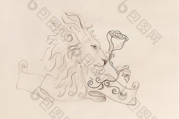 狮子玫瑰丝带点缀原始画铅笔草图纸