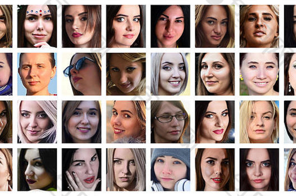 拼贴画集团肖像年轻的高加索人女孩社会媒体网络集广场女化身孤立的白色背景