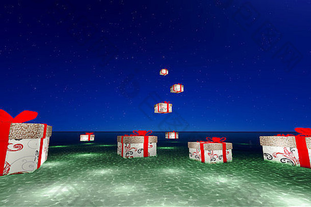 礼物盒子浮动灯笼海洋圣诞节一天